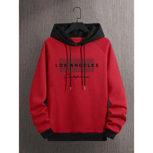 <span class=keywords><strong>Felpa</strong></span> Rossa con Cappuccio da Uomo con Stampa <span class=keywords><strong>Los</strong></span> <span class=keywords><strong>Angeles</strong></span>, Abbigliamento Casual Autunnale, Vestibilità Regolare, in Cotone Lavorato a Maglia, Manica Lunga, Logo Frontale - Product Image 1