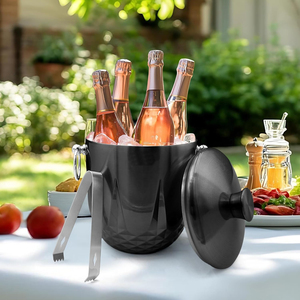 Seau à glace noir en métal avec base à motif diamant, couvercle assorti et pince à glace pour fêtes, mariages et événements, articles de bar. - Product Image 5