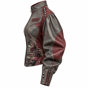 Charcoal Maroon Women Genuine Leather <b>Biker</b> <b>Jacket</b> Custom Dj <b>Girl</b> Graphic Printed Puff Balloon Sleeve Spiked Outerwear - Product Image 4