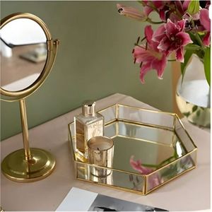 Luxury Brass Geometric Mirror <b>Vanity</b> Tray Decorative Hexagon Glass <b>Makeup</b> Organizer Perfume Jewelry Display Serving Tray Home - Product Image 2