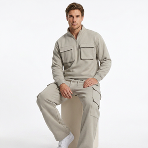 Ensemble de survêtement cargo pour homme, pull à col zippé, coupe décontractée, 100% coton, sweat-shirt et pantalon de jogging multi-poches, vente en gros - Product Image 3