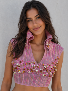 Top Corto Rosa con Cuentas para Mujer, Bordado a Mano, Escote en V Profundo, Cuello Abierto, Sin Mangas, Estilo Corsé, Ideal para Fiestas, Venta al por Mayor - Product Image 5