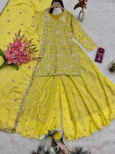 Nouvel ensemble Sharara de créateur pour fête d'été avec dupatta en soie Chinon, infroissable, séchage rapide, réversible, longueur genou, style indien pakistanais - Product Image 3