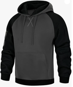 Sudadera con Capucha para Hombre, Manga Raglán, Color Sólido, Felpa Francesa, Corte Casual, Largo Regular, Sudadera Negra y Gris con Bolsillo Delantero - Product Image 4
