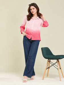 เสื้อเชิ้ตชีฟองสีชมพูไล่เฉดสีสำหรับผู้หญิงพร้อมแขนเสื้อทรงบอลลูนและปกเสื้อสำหรับสวมใส่ลำลองในฤดูใบไม้ผลิฤดูร้อน - Product Image 2