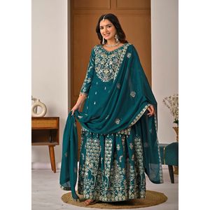 Radiant <b>teal</b> blue chiffon silk sharara <b>suit</b> with shimmering silver zari and sequin embroidery elegant ethnic wear for festivals - Product Image 1