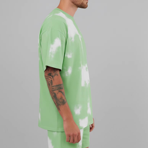 Men Tie Dye Green T-Shirt Set Casual Summer Knitted 2 Piece Outfit <b>Short</b> Sleeve Top and Drawstring <b>Shorts</b> - Product Image 5