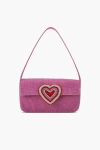 Pink Heart Embroidered Textile Shoulder Bag Envelope Shape Flap Closure <b>Cute</b> Evening Party <b>Purse</b> Handmade - Product Image 2