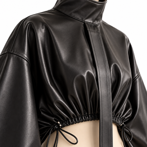 Women PU <b>Leather</b> Blouson Jacket Stand Collar Lantern Sleeve Lace Up Closure <b>Short</b> Length Autumn Style - Product Image 2