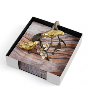 Modern Metal Tissue Box Holder With Gold <b>Birds</b> And Flowers Design Handmade Decorative Napkin <b>Stand</b> For Tabletop And Kitchenware - Product Image 1
