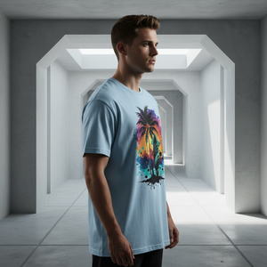 Men's Light Blue Short Sleeve T-<b>Shirt</b> O-Neck Regular Fit Casual Eco-Friendly Polyester/Cotton Blend <b>Geometric</b> Tribal Print Front - Product Image 3