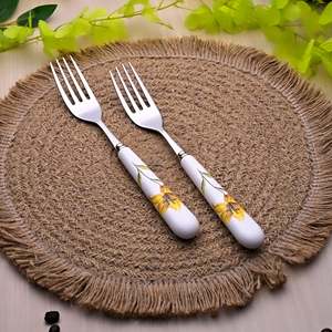 Ceramic & Steel Sunray Floral <b>Forks</b> (Set of 2) Kids Friendly Stainless Steel Handle for Dinner Fruit Food in Restaurant Use - Product Image 5