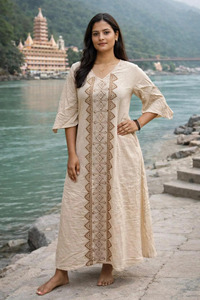 Women Handloom Khadi Cotton Kurta with Traditional Brown Geometric Embroidery Work Casual Elegant V-Neck Ethnic Tunic Dress - Product Image 4