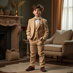 Costume 3 pièces beige personnalisé pour garçons, idéal pour mariage, cérémonie ou enfant d'honneur : blazer, gilet et pantalon - Product Image 1