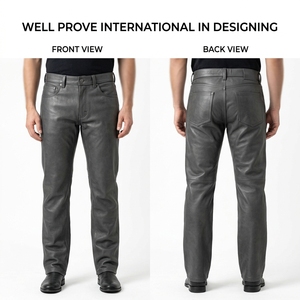 Pantalon en cuir véritable gris anthracite premium 800 GSM avec panneau de couture au genou et logo personnalisé en relief, étiquette à rivets métalliques - Product Image 1