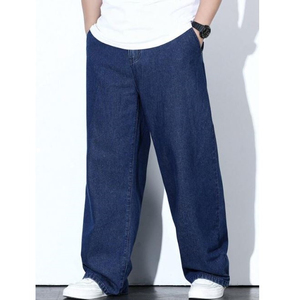 Pantalon en jean large pour homme, bleu foncé, coupe décontractée, en coton, style streetwear, taille mi-haute, couleur unie, tissu tissé, style automne - Product Image 1