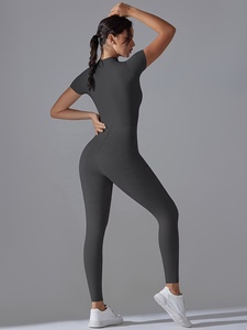 Mono de yoga de manga corta para mujer, de color liso, cintura alta, con cremallera, minimalista, transpirable, de elastano y poliéster, ajuste ceñido de largo completo - Product Image 2
