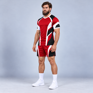 Ensemble short et maillot de rugby unisexe par sublimation, respirant, rouge, noir, blanc, 100 % polyester, haute qualité, personnalisable, marque Needle - Product Image 3