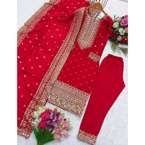 Top de Satén de Diseñador con Pent y Dupatta, Decorado con Moti, Sin Bordados - Product Image 1