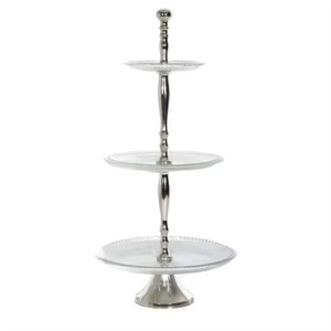 Three Tier Silver Decorative <b>Tray</b> With Gold Accent Modern Design Round Multi Functional Metal Handicraft Display Stand - Product Image 2
