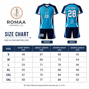 Ensemble maillot et short de football personnalisé Romaa Apparel Co. bleu ciel, marine et blanc, col en V, anti-humidité, unisexe, pour adultes, tenue d'équipe OEM - Product Image 6