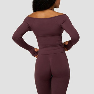 Manufacturer Workout Tight <b>Top</b> Women <b>Off</b> <b>Shoulder</b> Deep Neck Pattern Activewear Sports Training <b>Long</b> <b>Sleeve</b> Thumb Hole <b>Top</b> - Product Image 6
