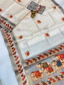 Sari en lin de créateur avec broderie Zari et motif intégral Mina Kalamkari, bordure contrastante, prêt-à-porter, séchage rapide - Product Image 3