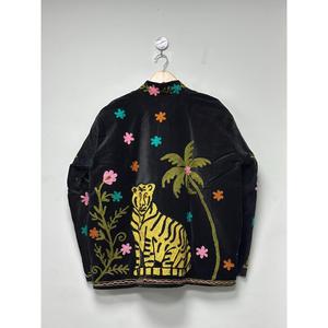 Veste bohème en velours noir brodée de fleurs Suzani, motif tigre, manches longues, col montant, vêtements d'extérieur pour femmes, hiver - Product Image 4