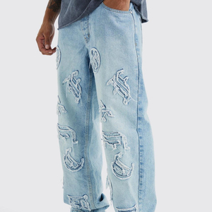 Jean en denim délavé personnalisé, brodé et déchiré, coupe ample, en tissu tricoté doux, dernière mode - Product Image 1