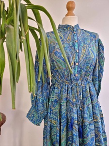 Midi azul Paisley seda mezcla nivel bohemio vestido fluido colorido verano elegante boda té alto ropa de día - Product Image 4