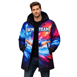 New Design Swim Parka <b>Jacket</b> for Swimmers, <b>Long</b> Insulated Hooded Coat with Premium Fabric, Stylish Blue Gradient Wave Print - Product Image 4