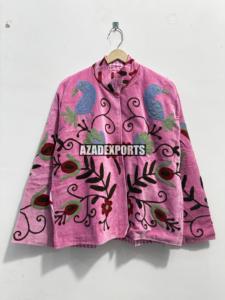Pink <b>Velvet</b> Sheep Skin Embroidered Blazer Mandarin Collar Full Sleeve Handwork <b>Women's</b> Autumn Winter <b>Jacket</b> - Product Image 1