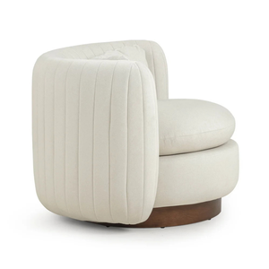Fauteuil d'appoint pivotant moderne en tissu crème avec accoudoirs à détails cannelés, design tonneau et base ronde en bois pour salon - Product Image 4