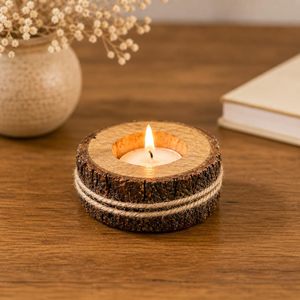 Wooden <b>Tea</b> <b>Light</b> Candle Holder with T-<b>Light</b> – Handcrafted Recycled Wood Log Candle Stand - Product Image 3