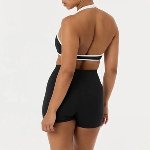 Women 2 Piece Yoga Set Black High Waist Shorts Scoop Neck Halter <b>Bra</b> Contrast Binding Breathable Spandex Polyester Solid Pattern - Product Image 2
