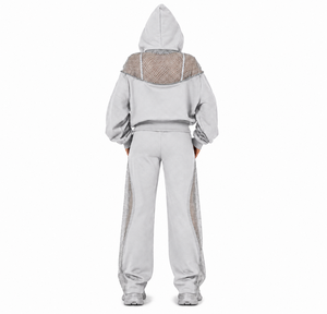 High Quality 100% Cotton Mesh Panel Oversize Hooded Sweatshirt Sweatpants <b>Set</b> Women Casual Streetwear Rhinestone Winter OEM ODM - Product Image 3