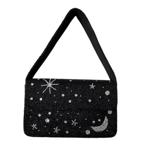 Bolso Rectangular Negro Hecho a Mano con Bordado de Estrella y Luna, Artesanía Textil, Aplicación para Fiestas - Product Image 1