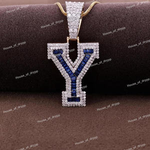 Colgante con la letra Y en plata 925 con detalles en azul, diamantes de moissanita y pavé, collar con inicial estilo hip hop para hombres y mujeres. - Product Image 2