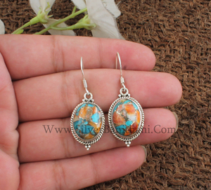 Boucles d'oreilles pendantes en argent sterling 925 avec coquille d'huître naturelle, cuivre, turquoise et pierres précieuses composites orange et bleues, style bohème, vente en gros - Product Image 2