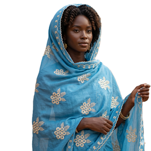Chal de Voile de Algodón y Poliéster Africano para Mujer, con Bordado Floral y Pedrería, Transpirable, para Uso Diario en Verano, Venta al por Mayor en Colores Surtidos Dorados - Product Image 1