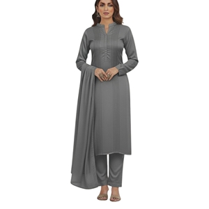 Salwar Kameez gris pour femmes, style modeste, longueur au sol, vêtements décontractés, vêtements ethniques d'Inde et du Pakistan, prêt-à-porter, ensemble 3 pièces - Product Image 1