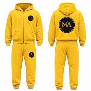 Ensemble de survêtement jaune à capuche 100% coton avec fermeture éclair intégrale, poche avant et patch brodé appliqué 480 g/m² - Product Image 1