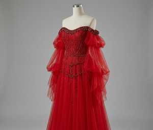 Robe de soirée sirène rouge en satin, épaules dénudées, longueur ras du sol, pour femme, de créateur, élégante, perlée, pour bal, fête, bal de promo, princesse, mariage - Product Image 3