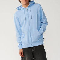 Hoodie Zipper Pria Polos Biru Muda Bahan Fleece Tebal Grosir Logo Kustom OEM, Sweatshirt Hoodie Resleting Biru Langit Katun Polos