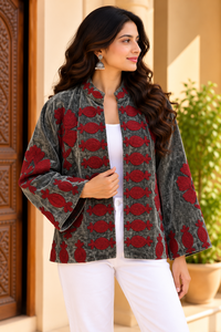 <b>Women</b> <b>Velvet</b> Knitted Embroidered Mandarin Collar Bomber <b>Jacket</b> Red Floral Pattern Full Sleeve Winter Style Handmade Boho Cotton - Product Image 4