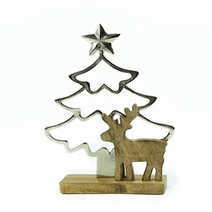 Nuevo Diseño 2026 Portavelas de Aluminio Fundido con Forma de Árbol de Navidad y Reno, con Base de Madera de Mango - Product Image 4