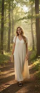 Elegante Vestido Maxi de Algodón Color Crema con Cuello en V para Mujer, Estilo Kaftan, Vestido Largo de Verano con Mangas Cortas, Ropa Casual de Noche - Product Image 3