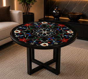 Table à manger ronde en marbre noir de luxe avec incrustations, table centrale en pierre semi-précieuse faite à la main pour hôtel, villa, décoration intérieure - Product Image 3