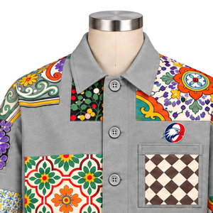 Chaqueta de Trabajo Personalizada con Mosaico Gris, Estampado Floral Artístico y Colorido, Cierre de Botones, Estilo Casual Urbano con Bolsillos Utilitarios - Product Image 3