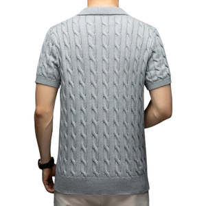 เสื้อโปโลถักสำหรับผู้ชาย แขนสั้น ผ้าฝ้าย ลายถักแบบเคเบิ้ล คอปกพับได้ สไตล์เรโทร ลำลอง ธุรกิจ - Product Image 4